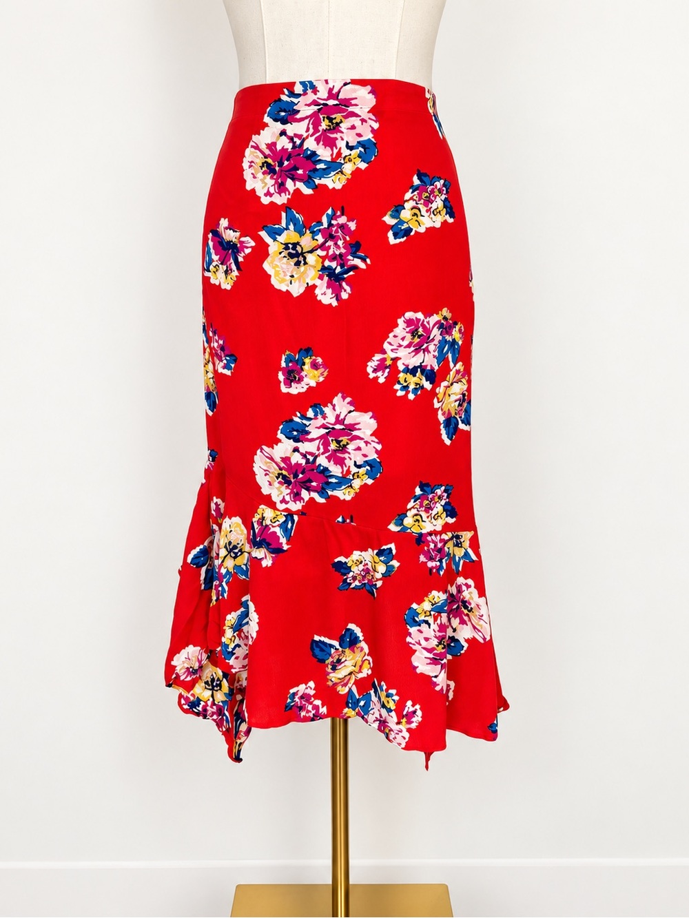 BP. Red Floral Asymmetrical Ruffle Midi Skirt Size M Boho Romantic